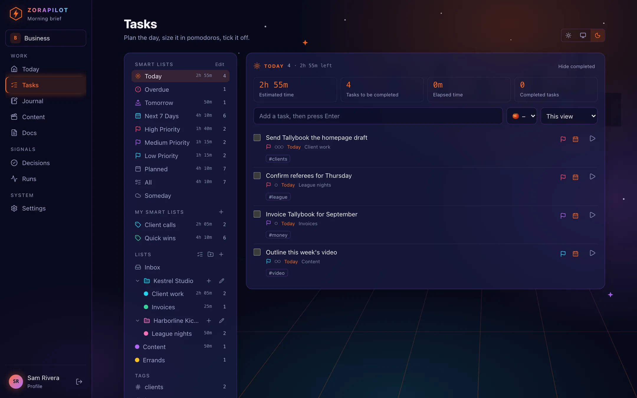 The Tasks screen: smart lists with time left, custom smart lists and coloured folders of lists down the left; Today on the right with time estimated, tasks to do, focus time and tasks done, and each task's priority flag, pomodoro estimate, due date, tags and a start-timer button.