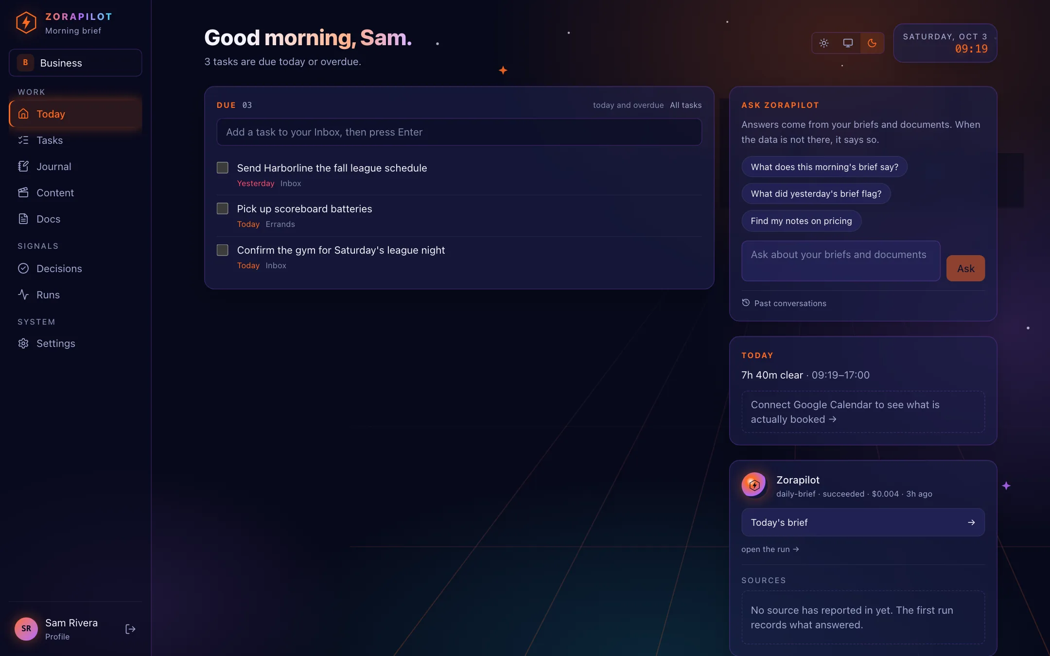 The Zorapilot Today screen: a greeting, the tasks due today and overdue with tick boxes and a quick-add field, and a right-hand column with today's calendar and the morning brief.