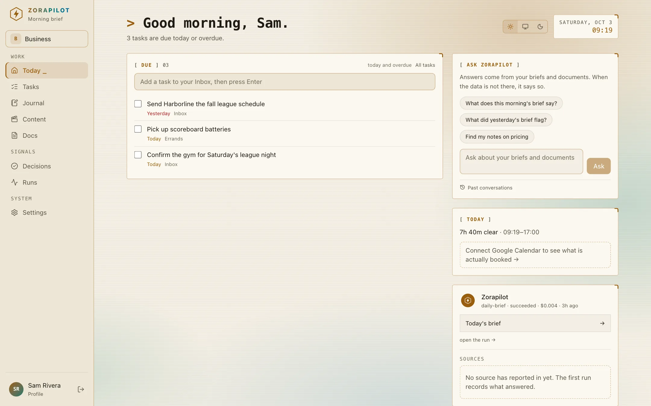 The same Today screen in the light theme: warm paper background, amber ink, monospace labels in square brackets and a terminal-style prompt before the greeting.